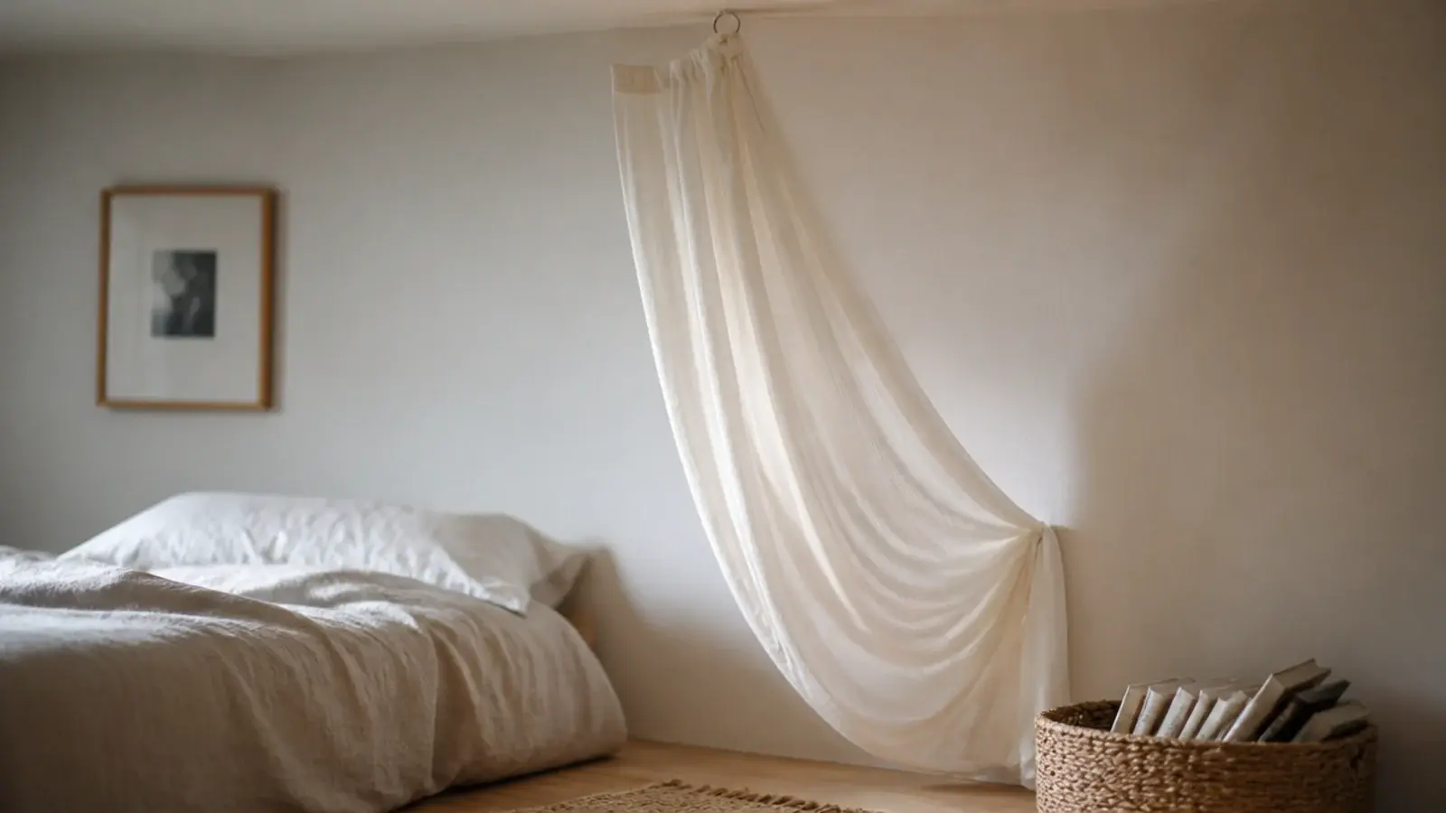 single sheer curtain panel looped over a ceiling hook beside a bed