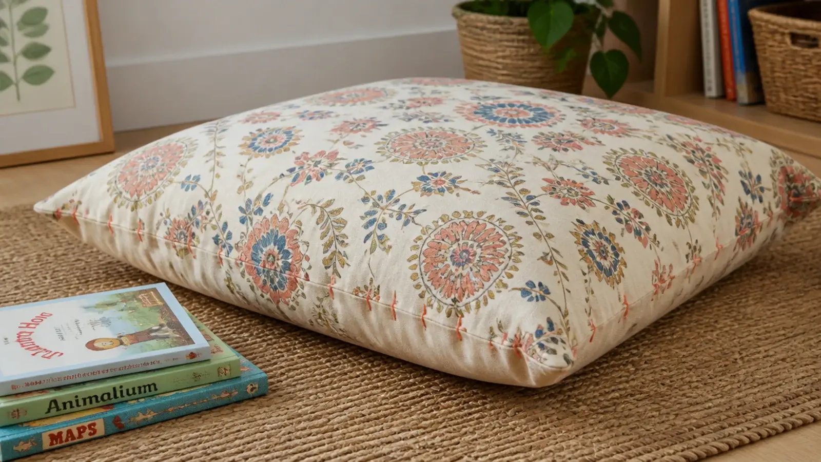 large square floor cushion sewn from patterned cotton on a woven rug