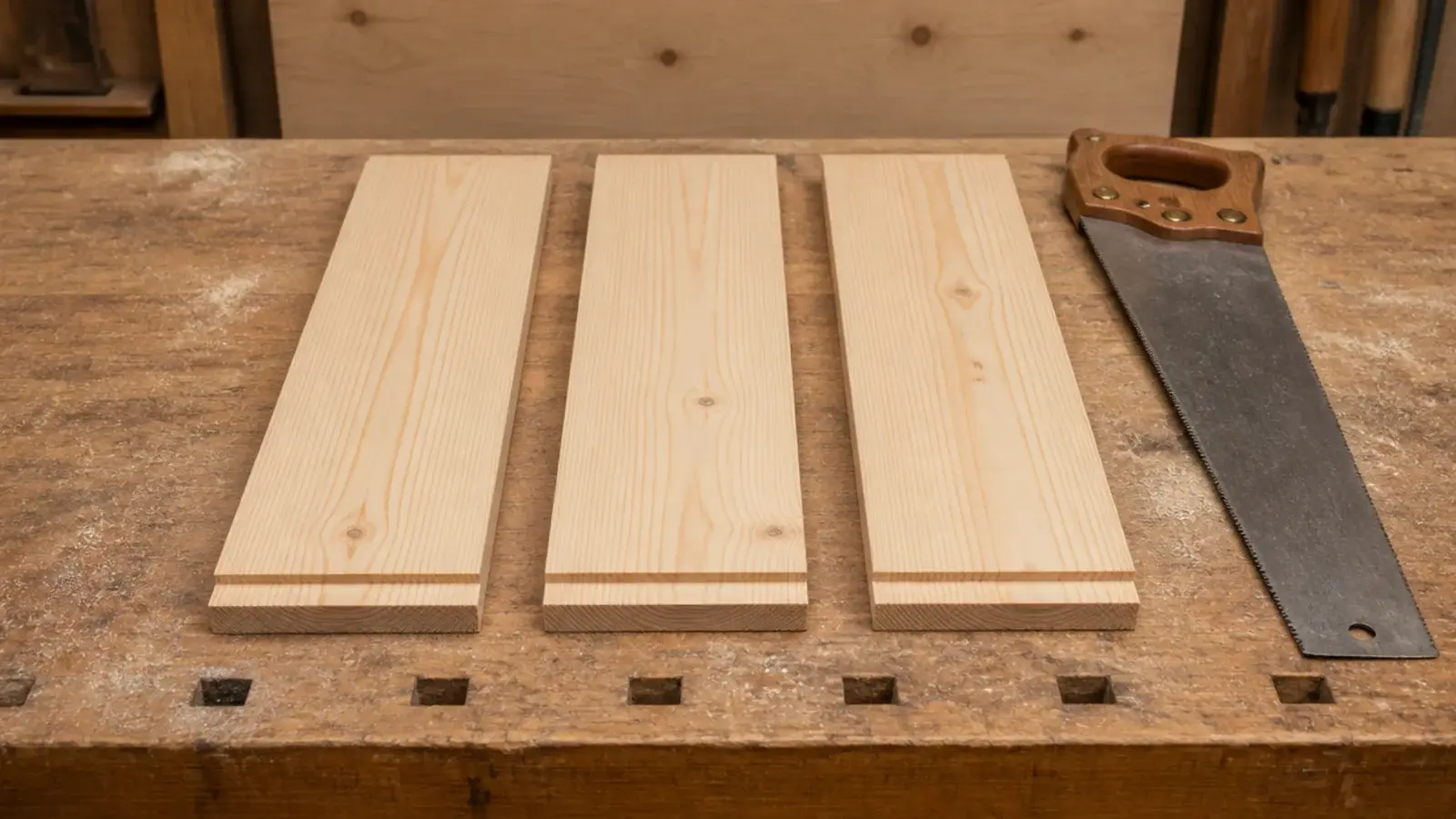 three shallow timber ledges cut from a single plank on a workbench