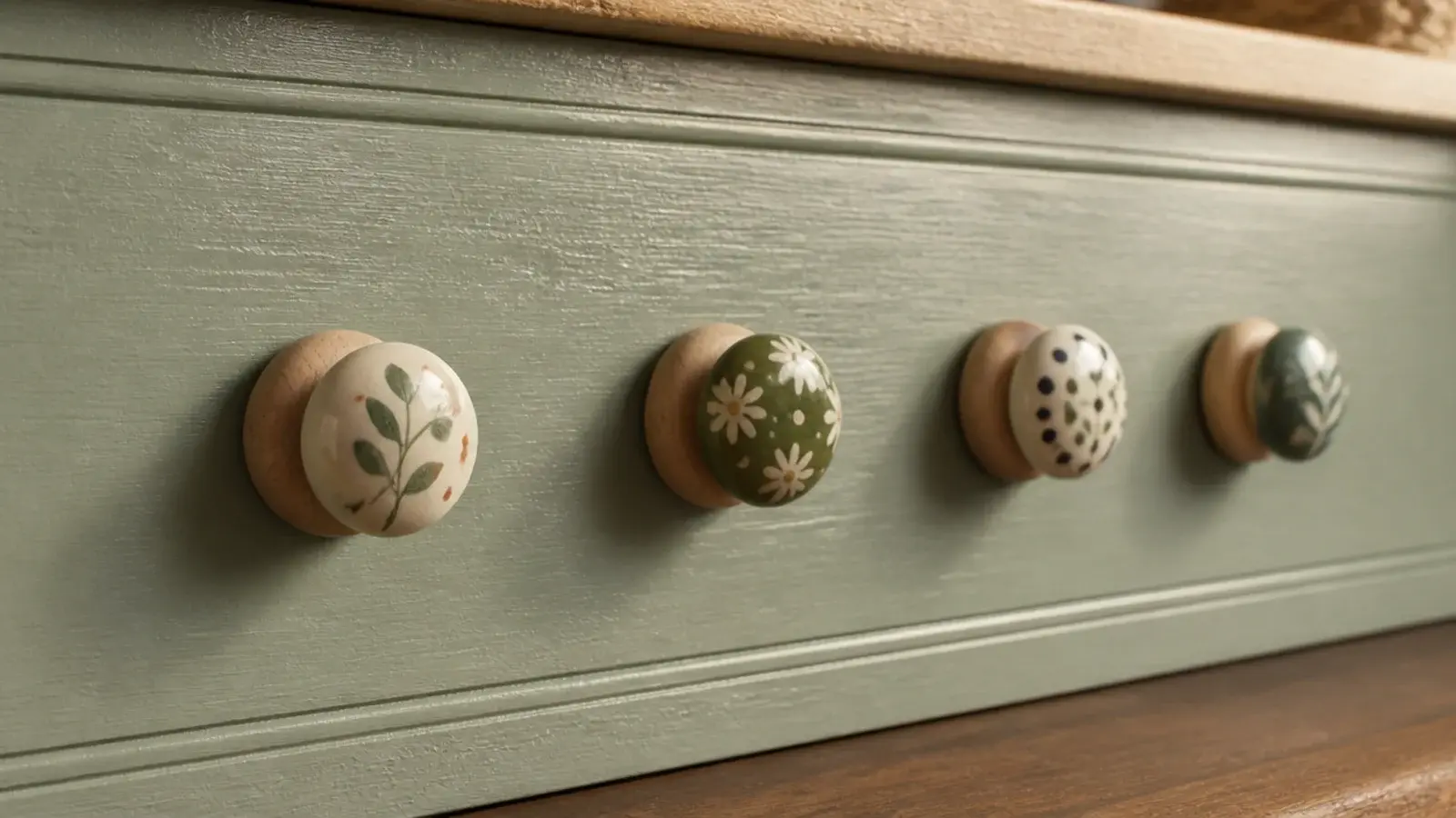 mismatched ceramic and wooden knobs fitted along a repainted drawer front