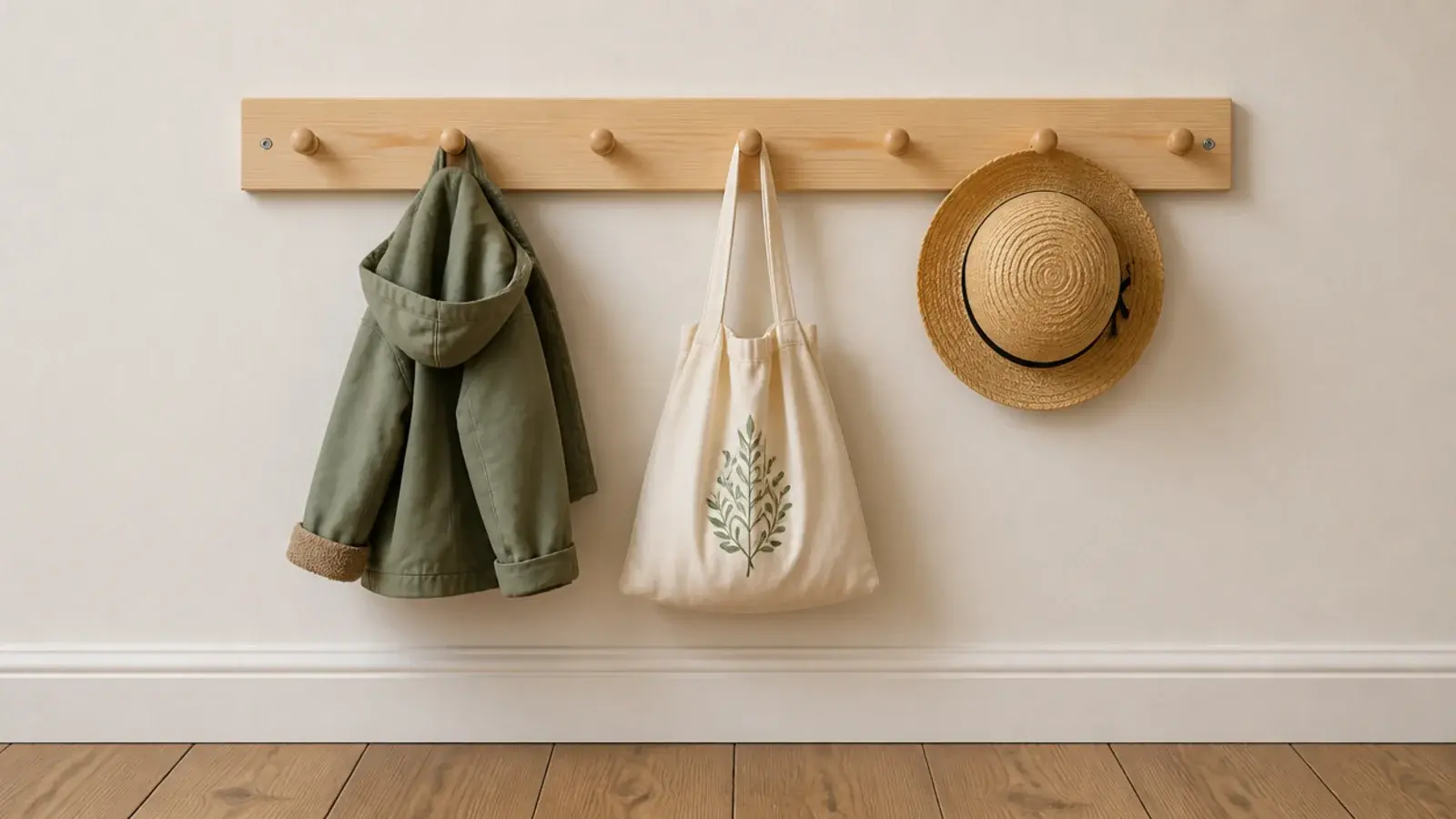 homemade wooden peg rail screwed to a wall with three coats hanging