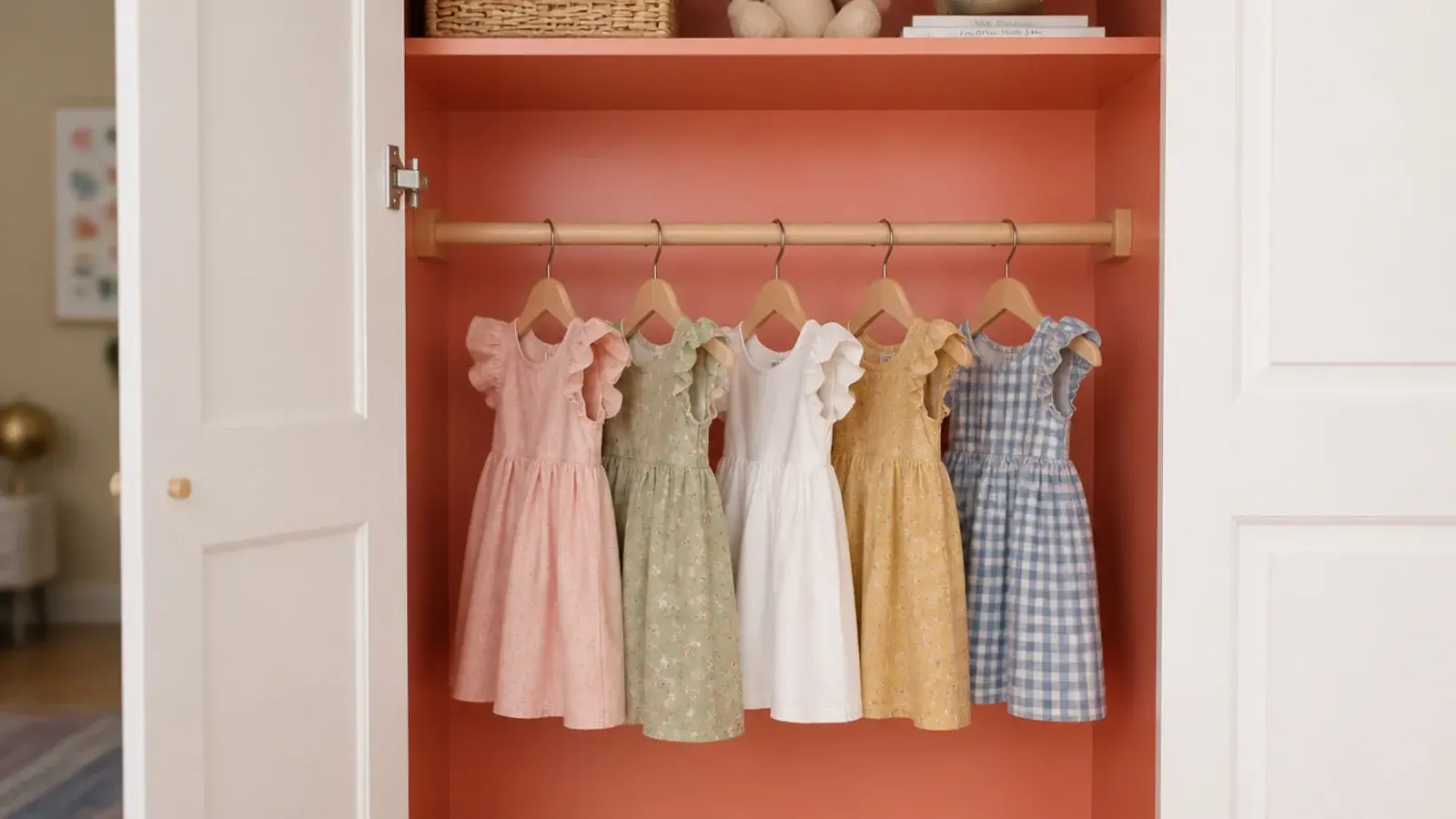 wardrobe door open showing a soft painted interior behind hanging clothes