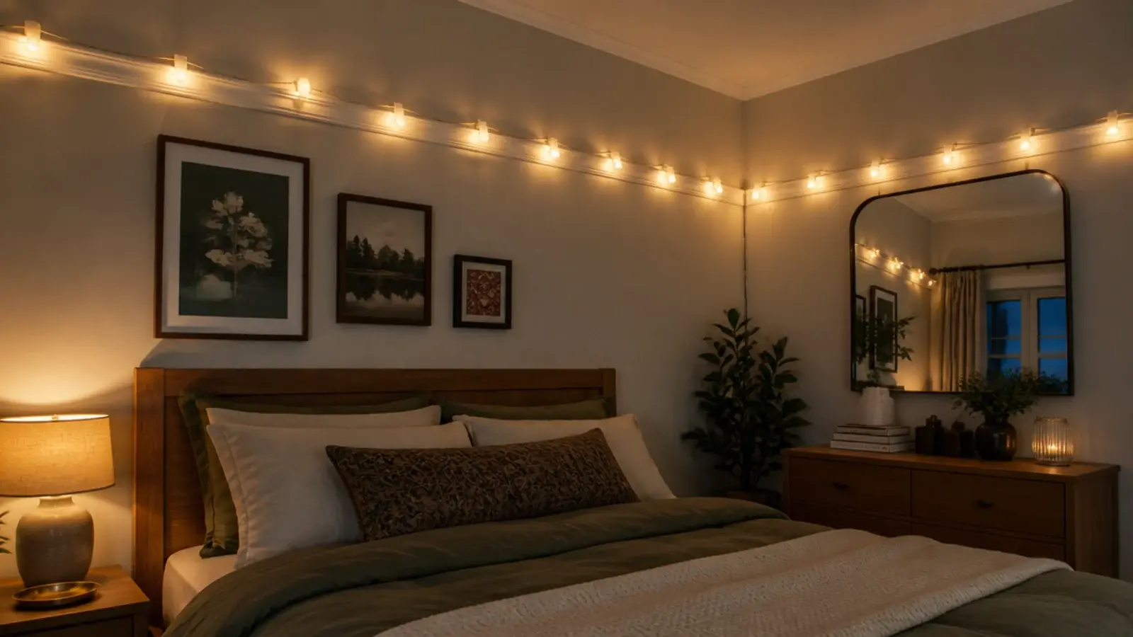 warm led fairy lights strung high along a picture rail above a bed
