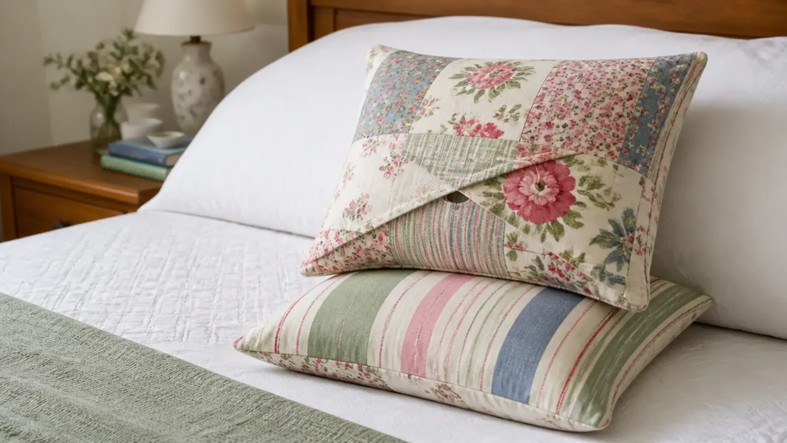 two handmade cushion covers in remnant cotton stacked on a bed corner