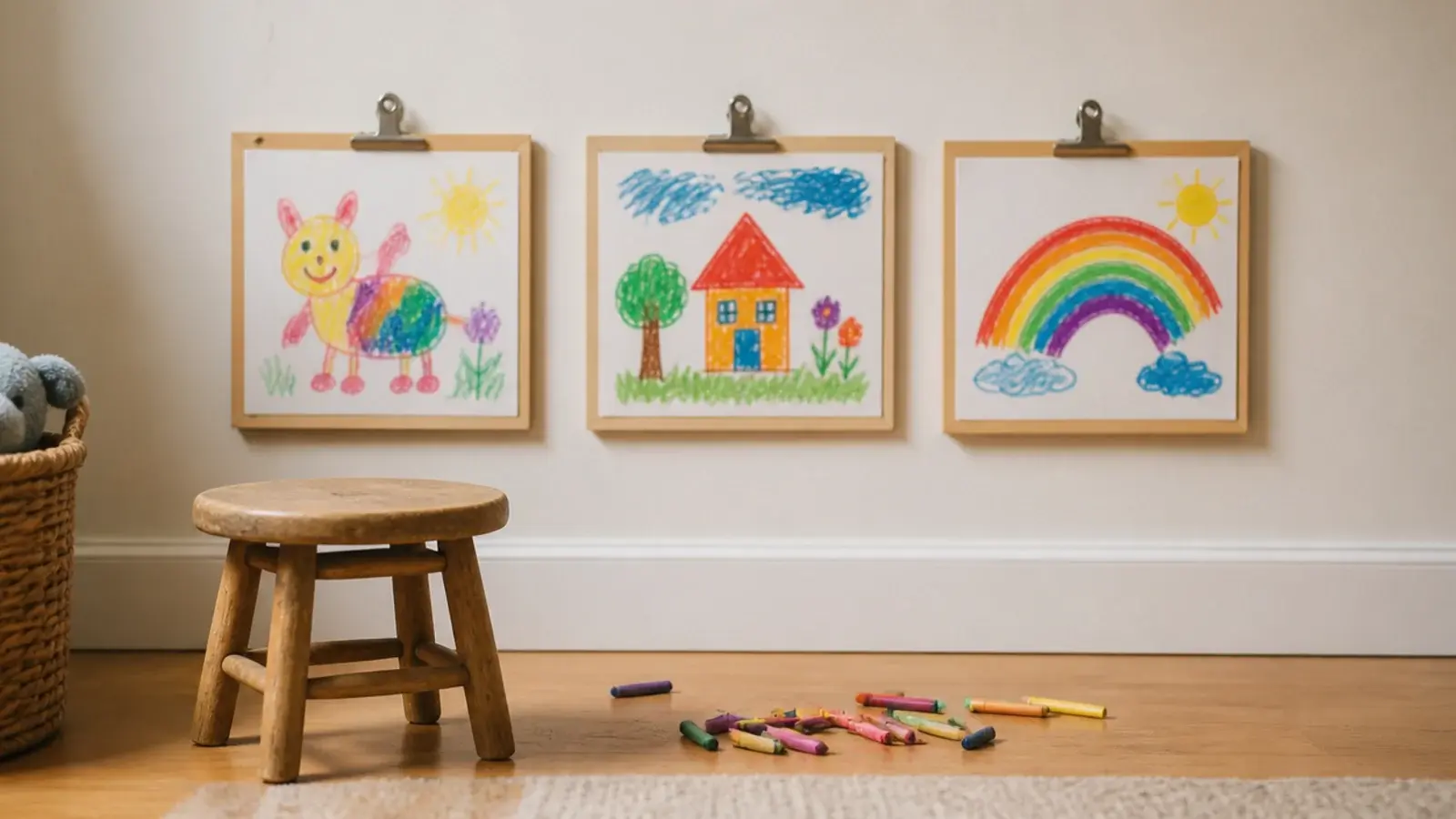 child paintings displayed in simple clip frames along a low wall