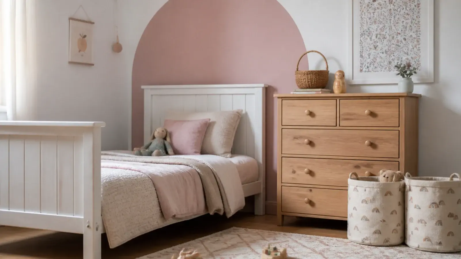 budget toddler bedroom for a girl with thrifted dresser and painted arch