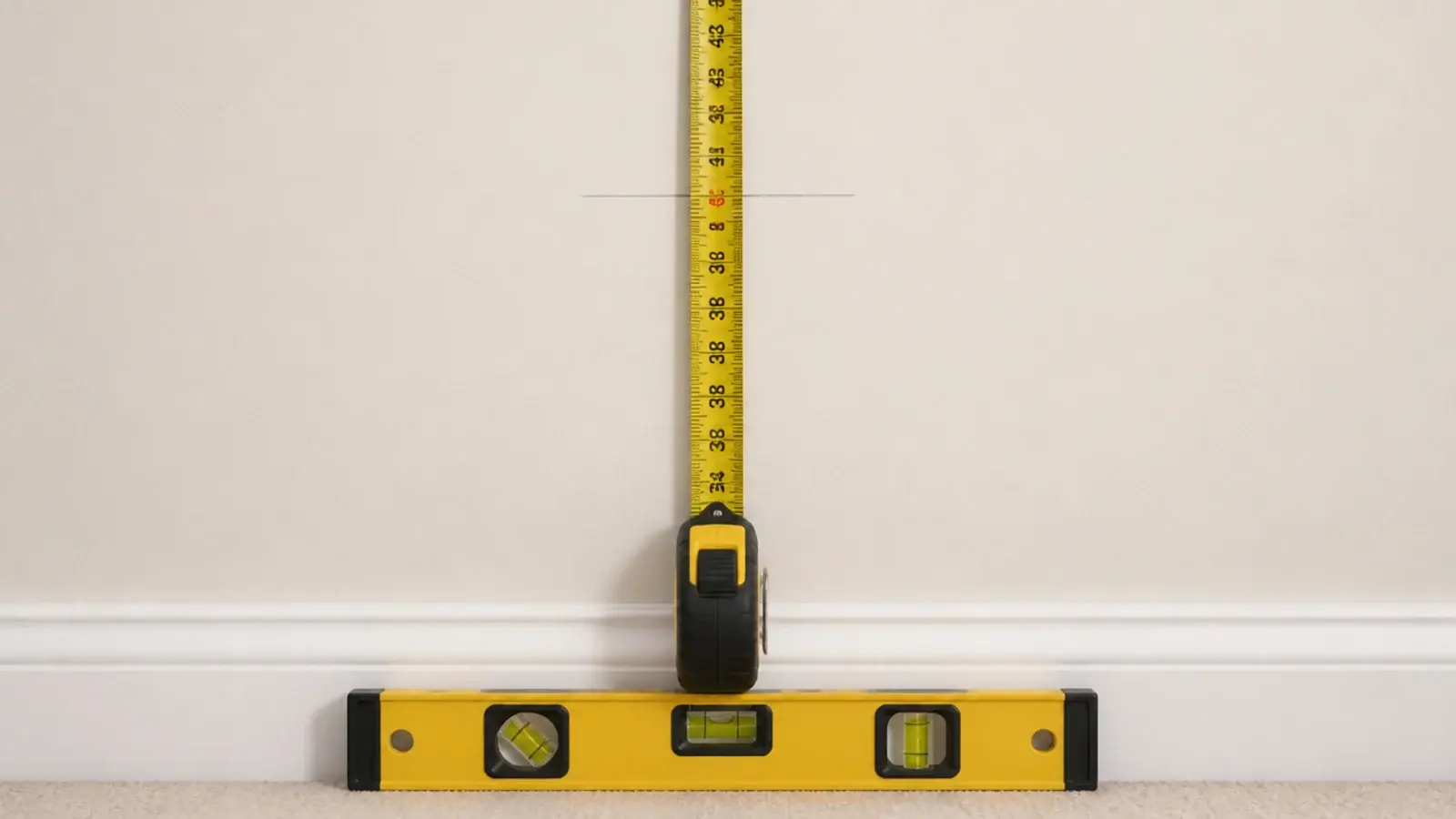 tape measure marking forty inches up a bedroom wall with pencil line