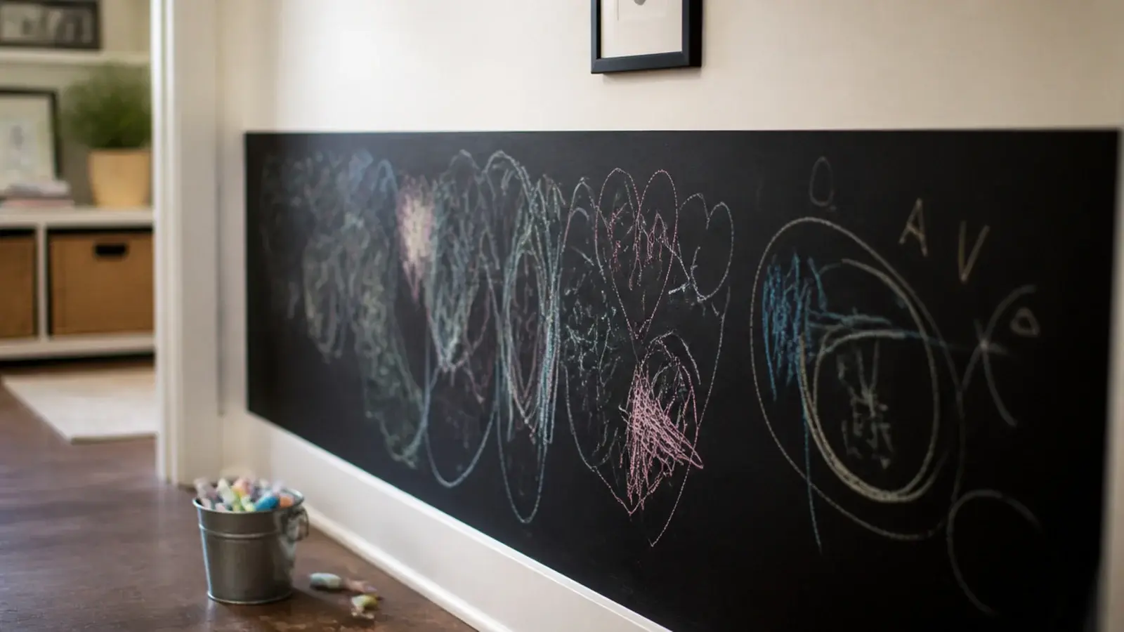 matt black chalkboard panel painted low on a wall with chalk drawings