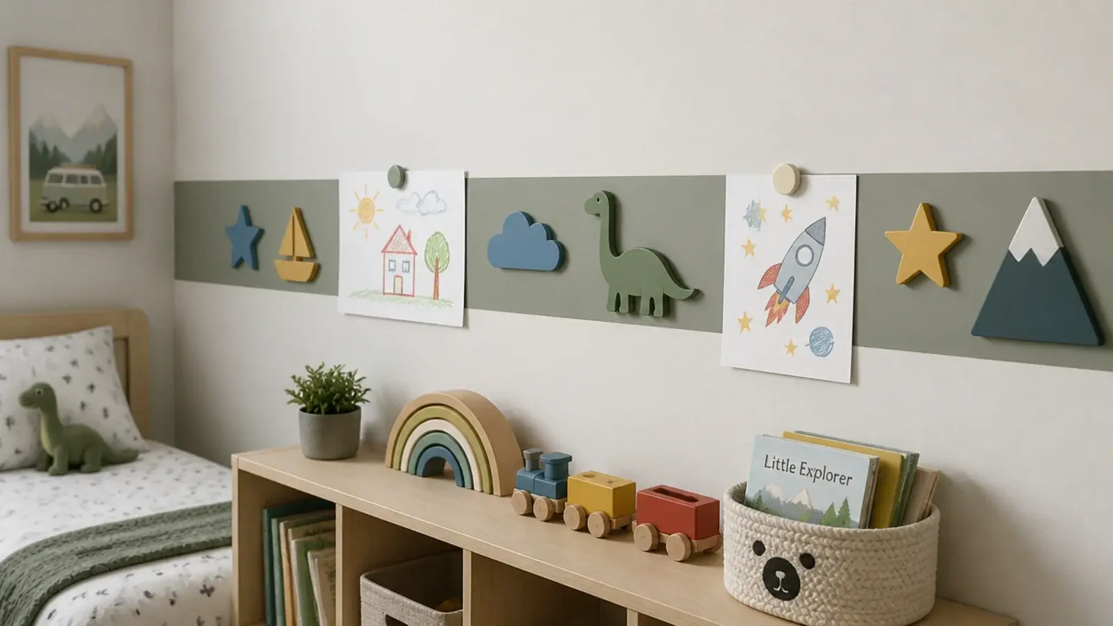 narrow magnetic paint strip on a wall holding painted wooden shapes