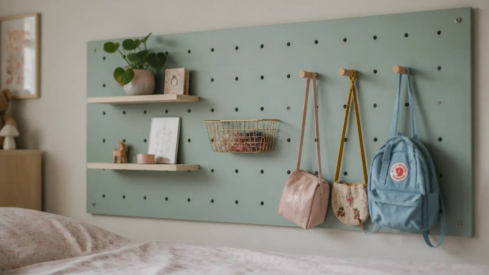 painted pegboard panel fitted with small shelves baskets and hooks