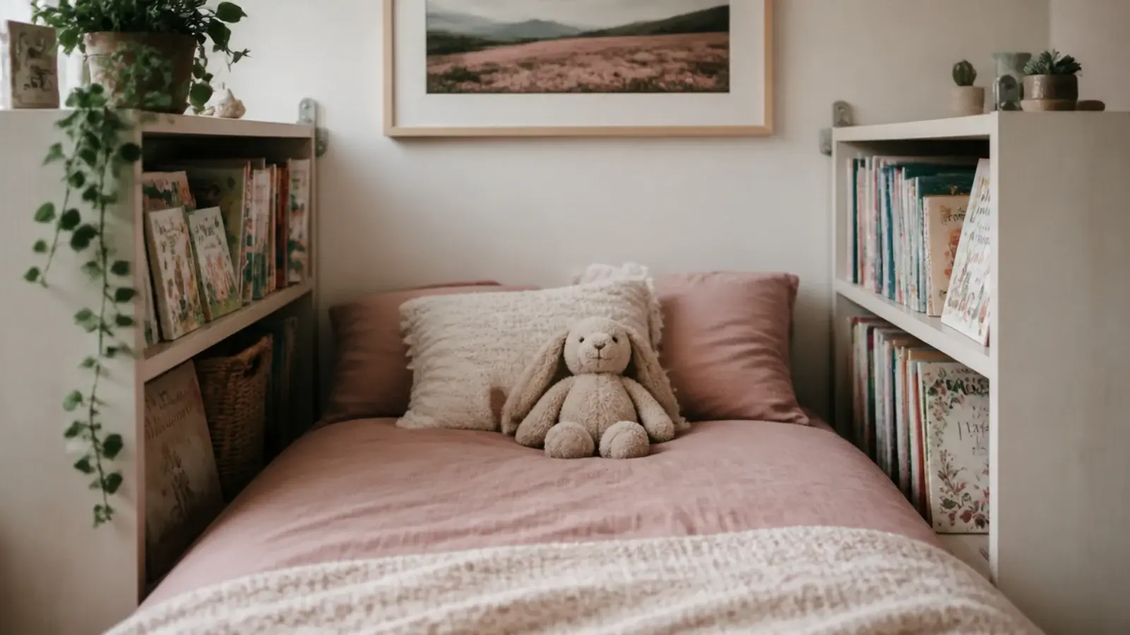 low bed set between two low bookcases forming a sheltered sleeping nook