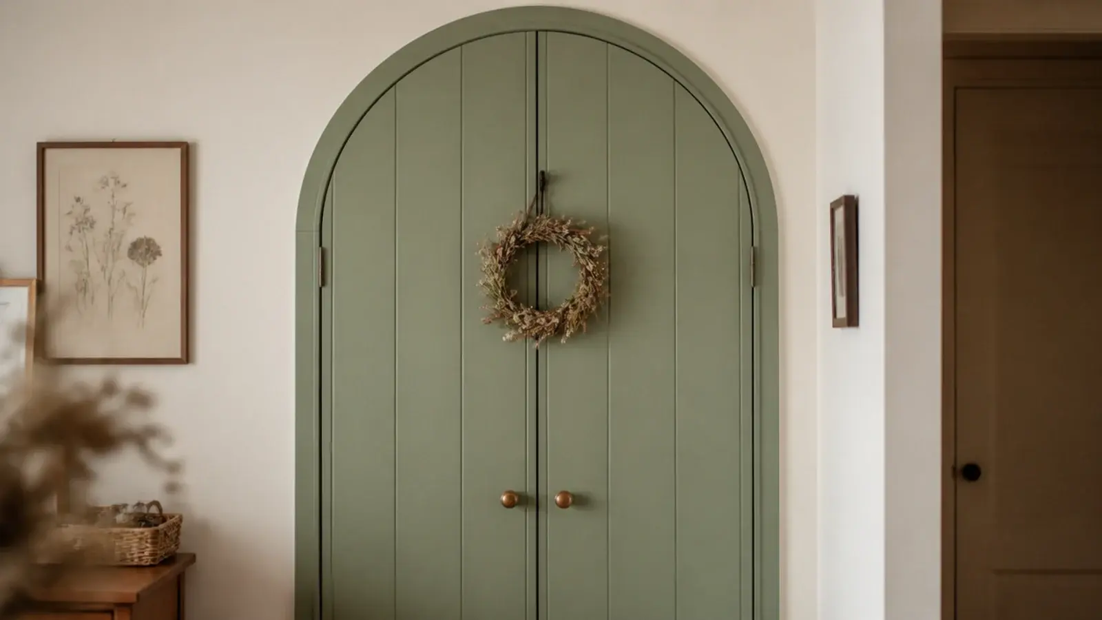 closet doors painted to look like a small cottage door with a wreath