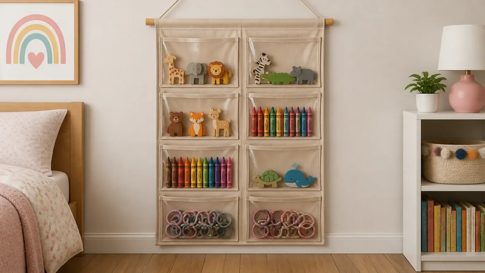 tall fabric panel of clear pockets holding small toys at child height