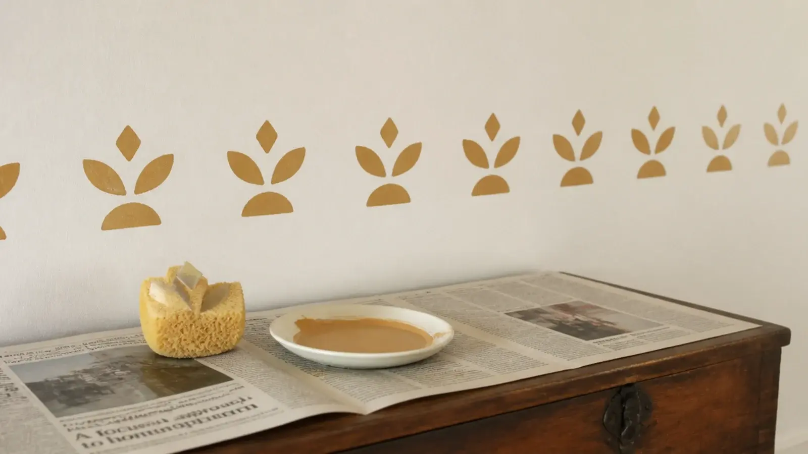 repeating sponge stamped pattern running along a painted bedroom wall
