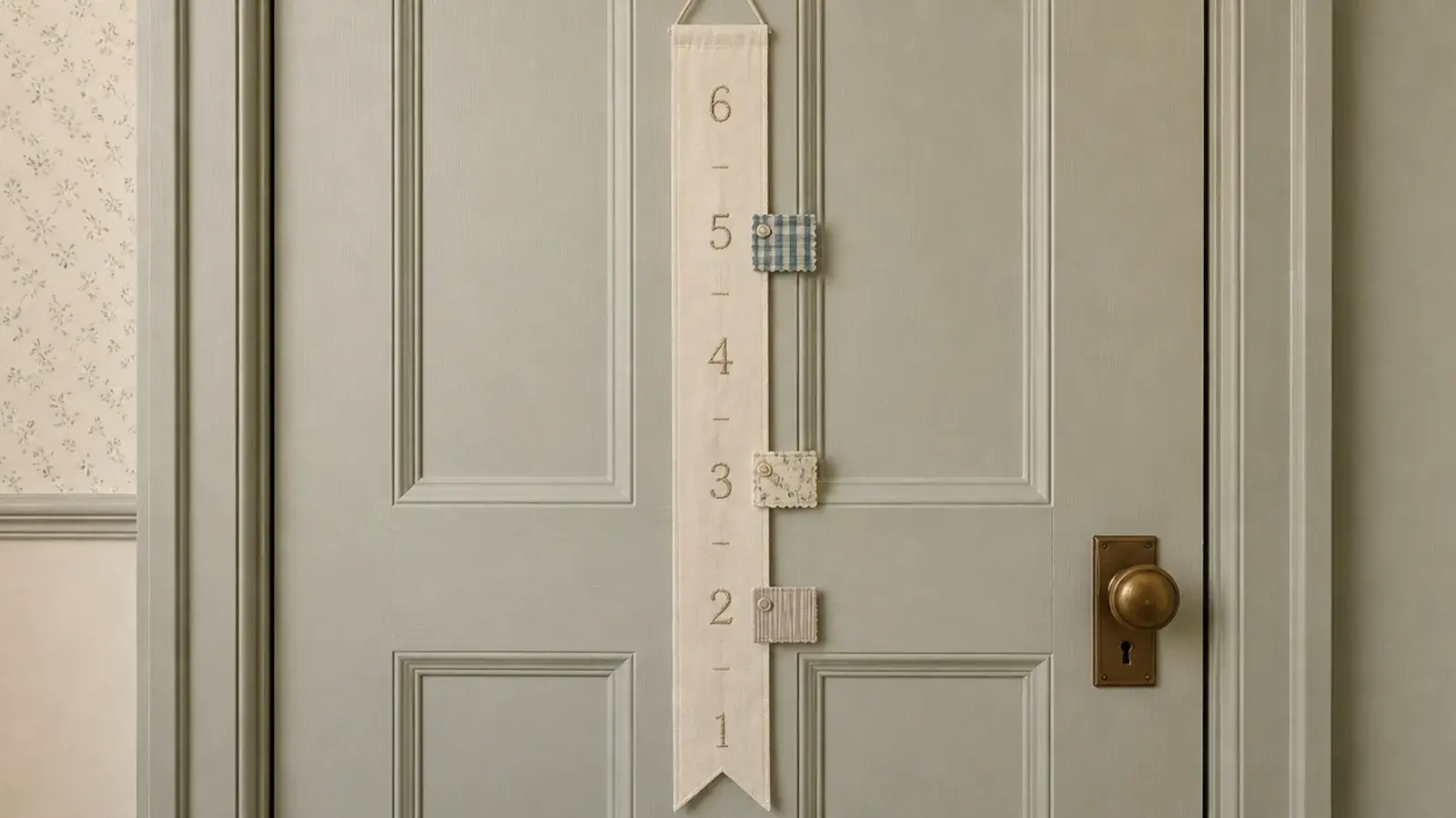 wide ribbon growth chart pinned down the back of a bedroom door