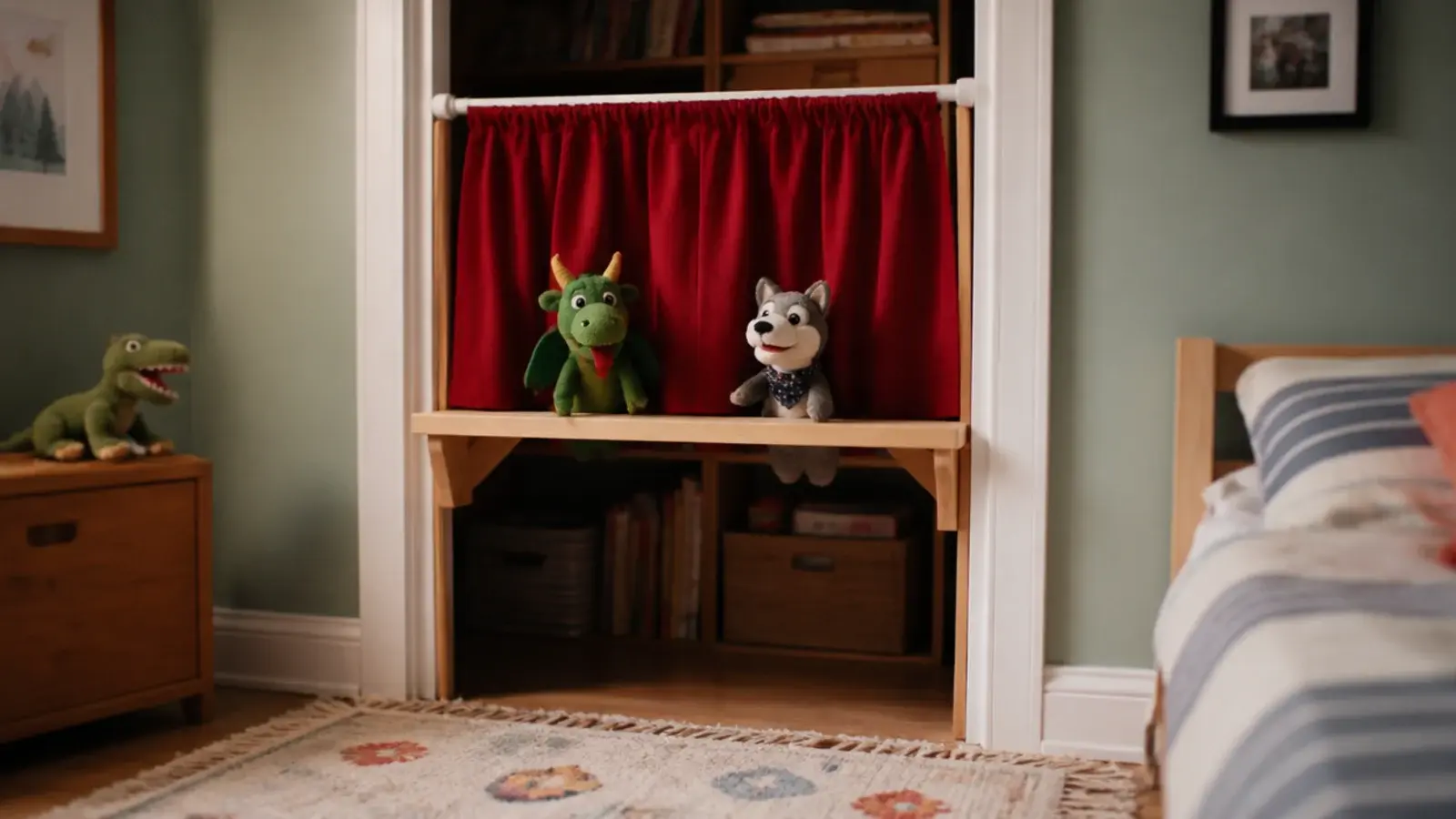 small curtain and shelf turning a closet opening into a puppet stage