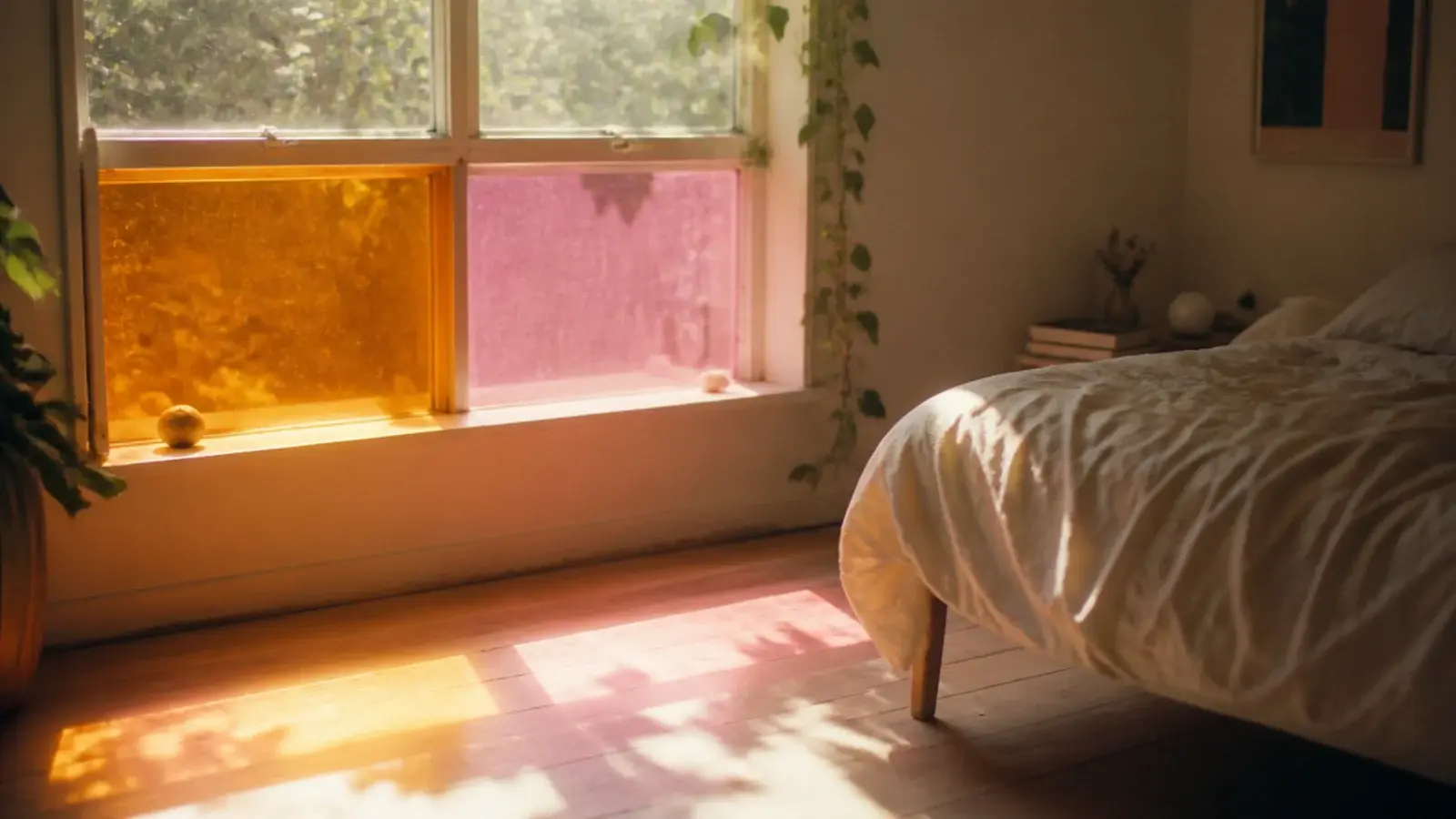 coloured window film casting patterned light across a bedroom floor