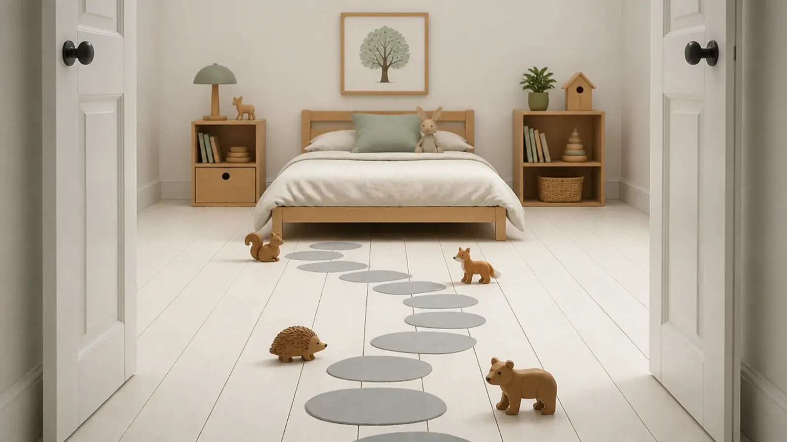painted stepping stone path curving across a child bedroom floor