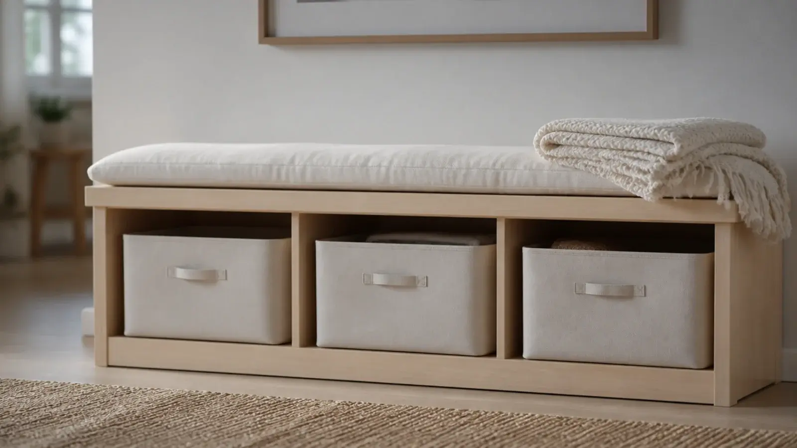 low wooden bench with three open cubbies holding fabric bins below