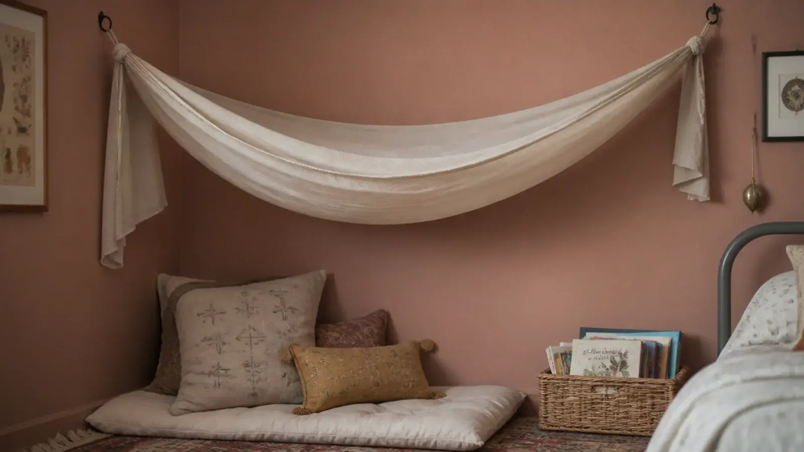 triangular fabric canopy stretched across a bedroom corner above cushions