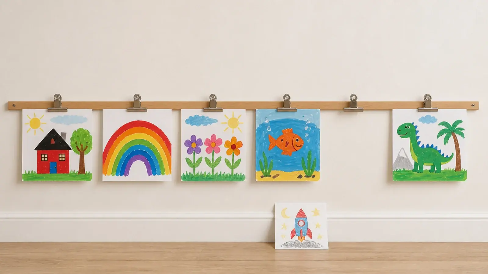 wooden rail with small clips displaying changing child artwork