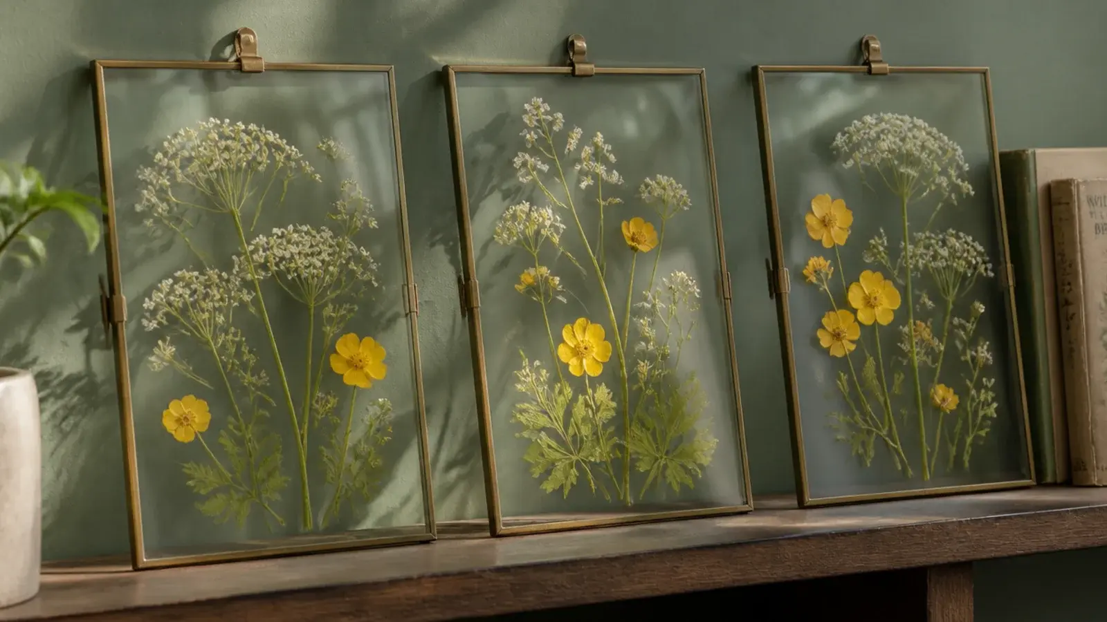 pressed wildflowers displayed between glass in three simple clip frames