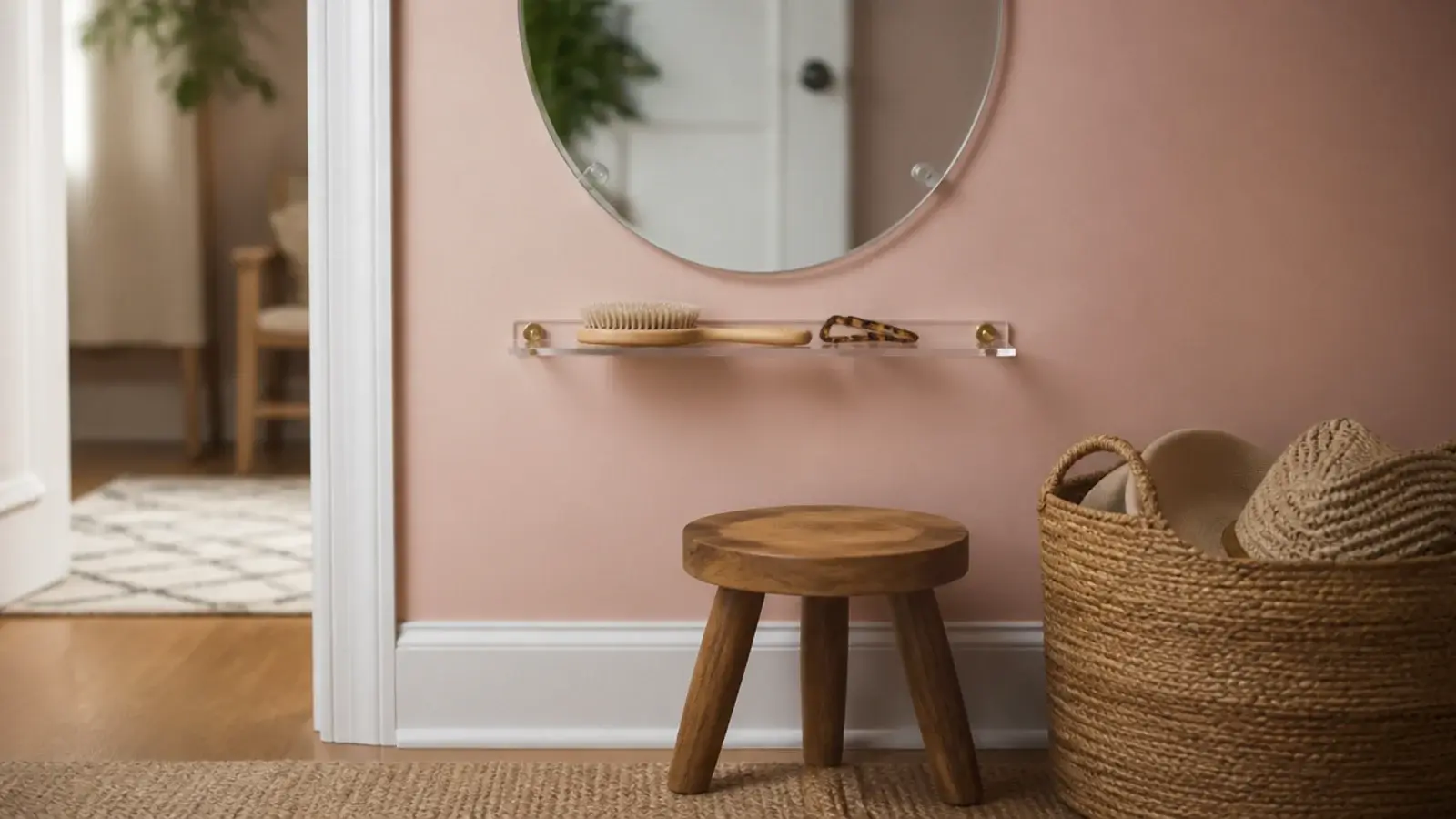 small stool and wall fixed acrylic mirror forming a dressing corner