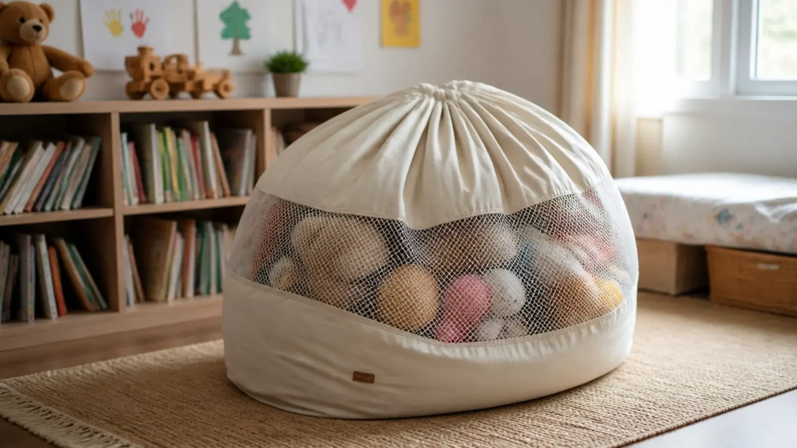 large bean bag cover filled with soft toys used as a floor seat
