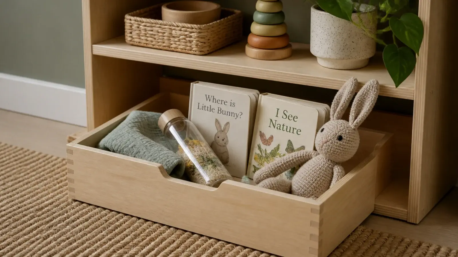 open wooden box of calming items sitting on a low bedroom shelf