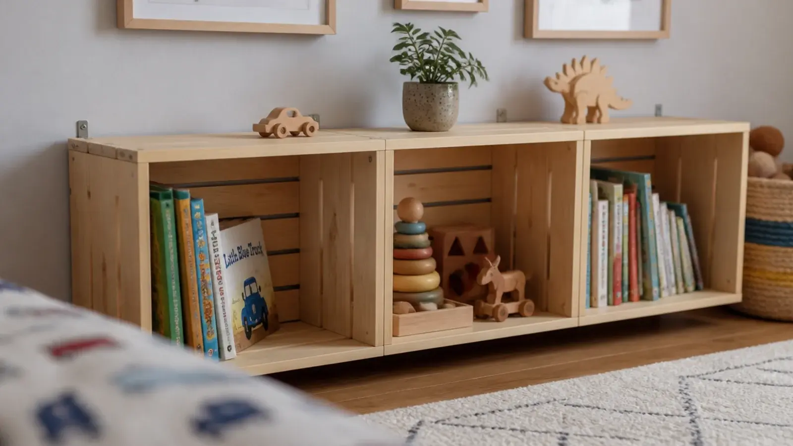 three wooden crates stacked sideways forming open book cubbies