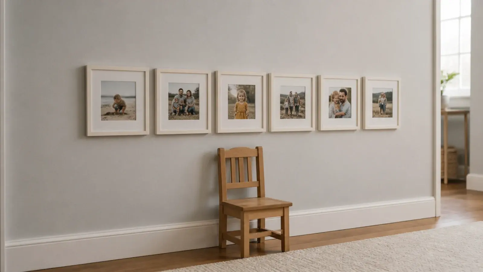 row of small family photographs hung low along a bedroom wall