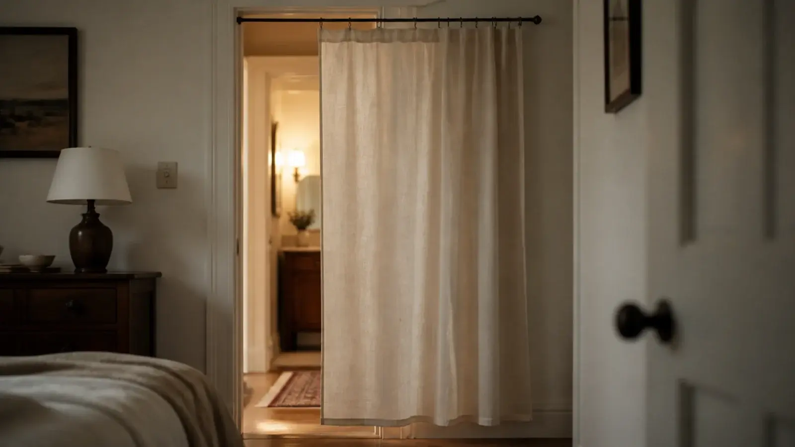light curtain hung inside a bedroom doorway pulled halfway across