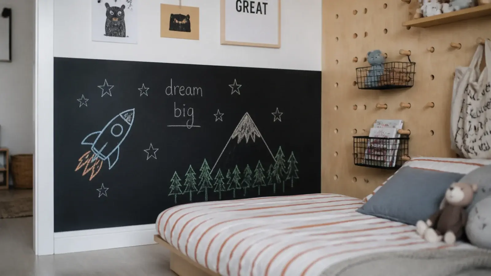 creative toddler bedroom for a girl with chalkboard panel and pegboard wall
