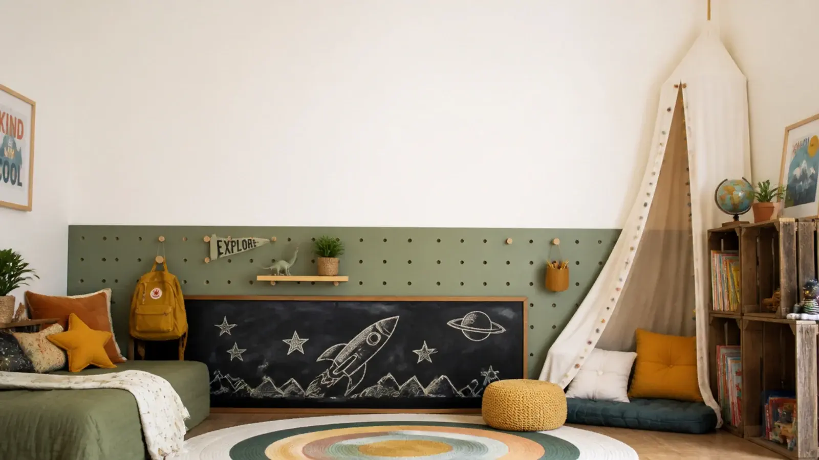 tall creative toddler bedroom for a girl with pegboard chalkboard and canopy