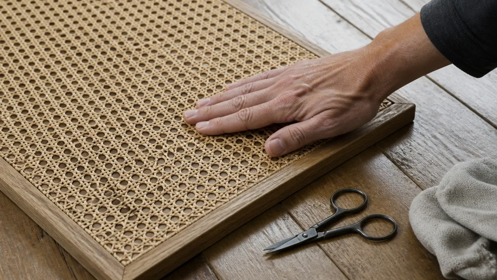 hand testing a cane panel for loose strands before fitting it