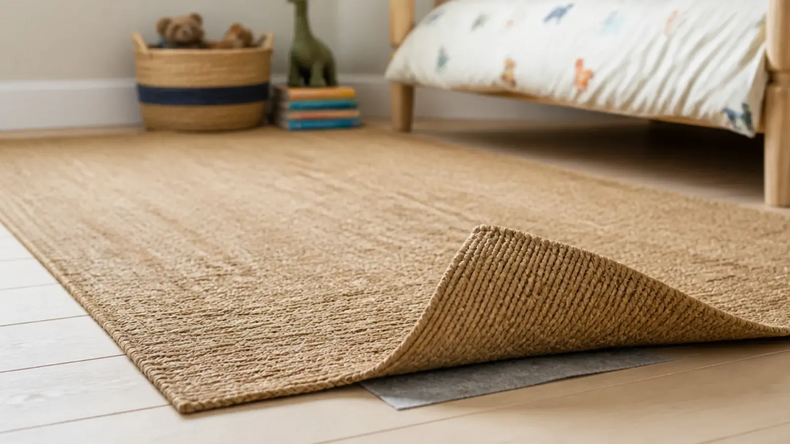 flat jute rug laid over pale floorboards with a gripping pad beneath