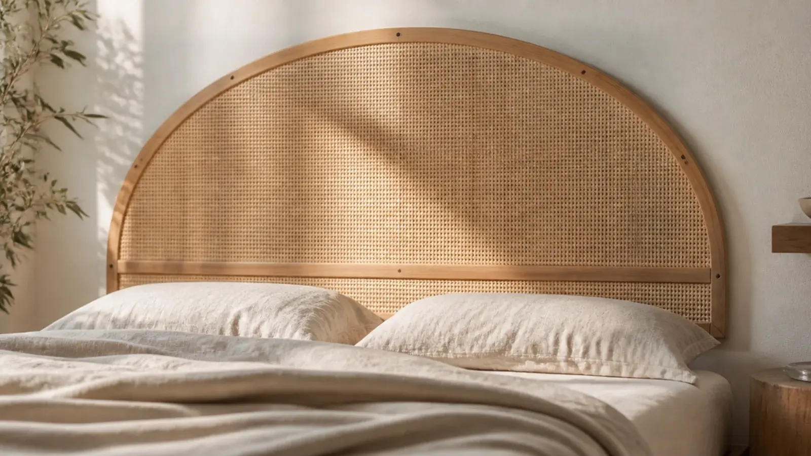 arched cane headboard panel mounted flat behind a low mattress