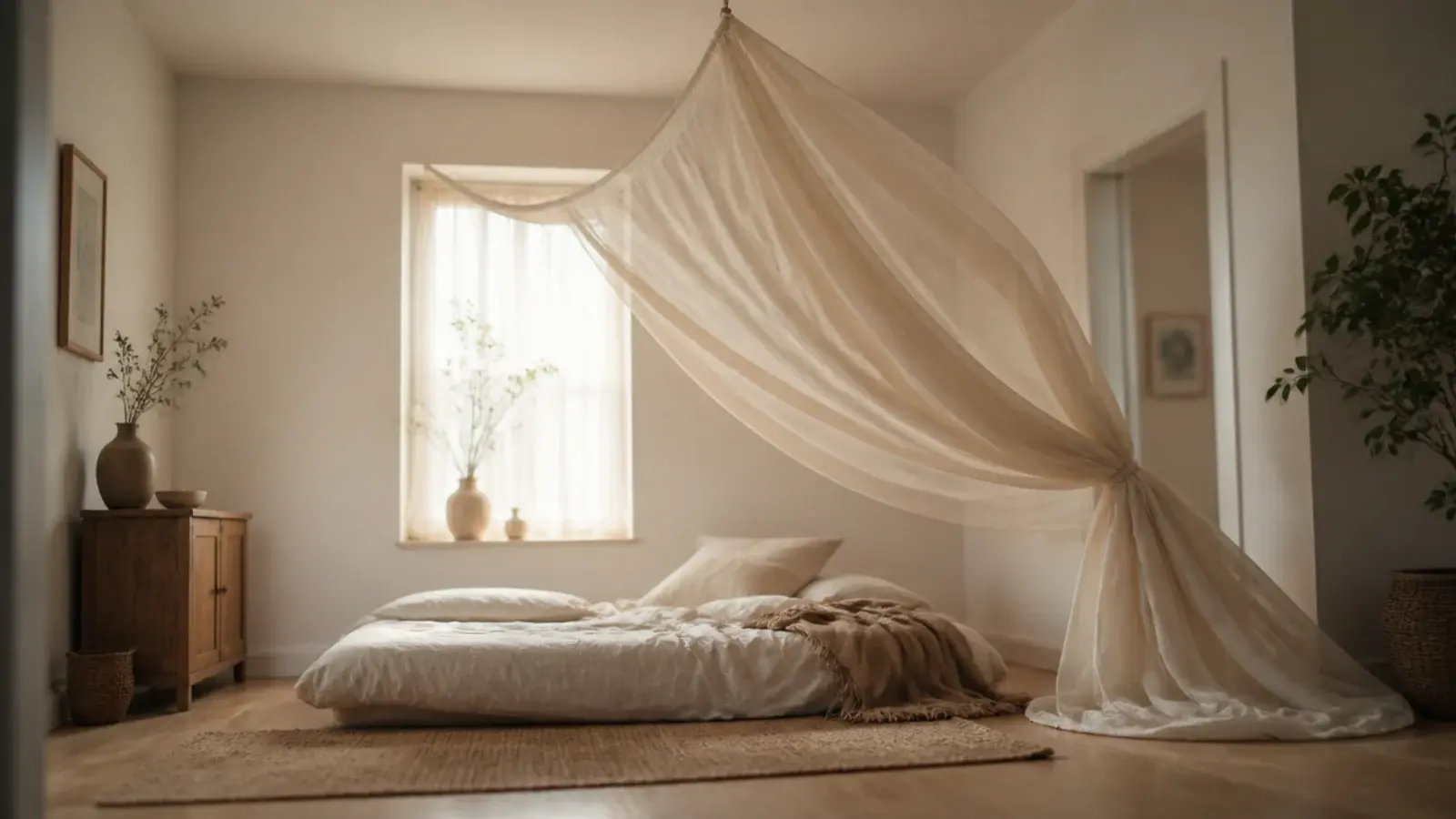 ivory muslin canopy gathered at the foot of a low bed