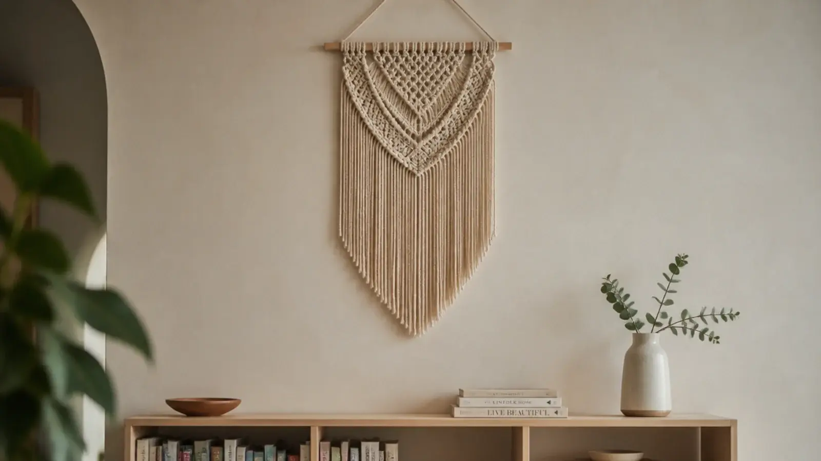 cream macrame wall hanging mounted high above a low wooden shelf