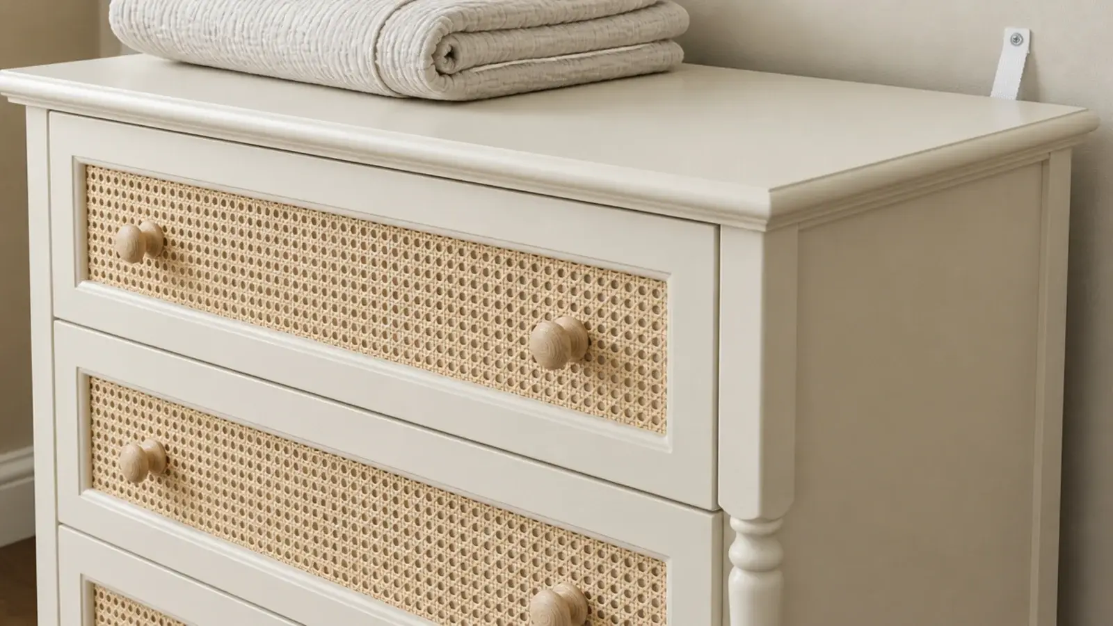 low dresser with woven cane drawer fronts and small wooden knobs