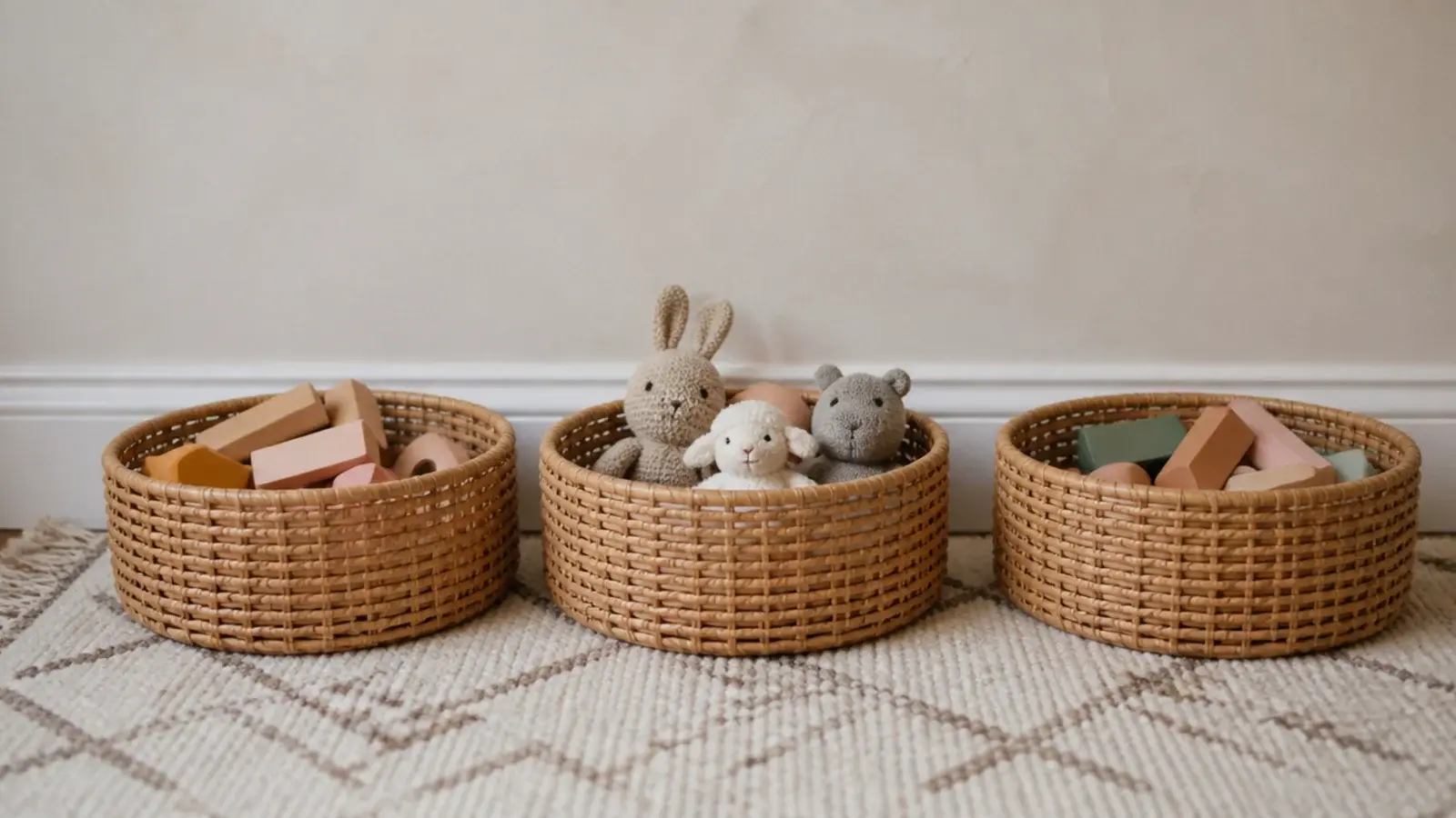 three round rattan baskets lined along the base of a bedroom wall