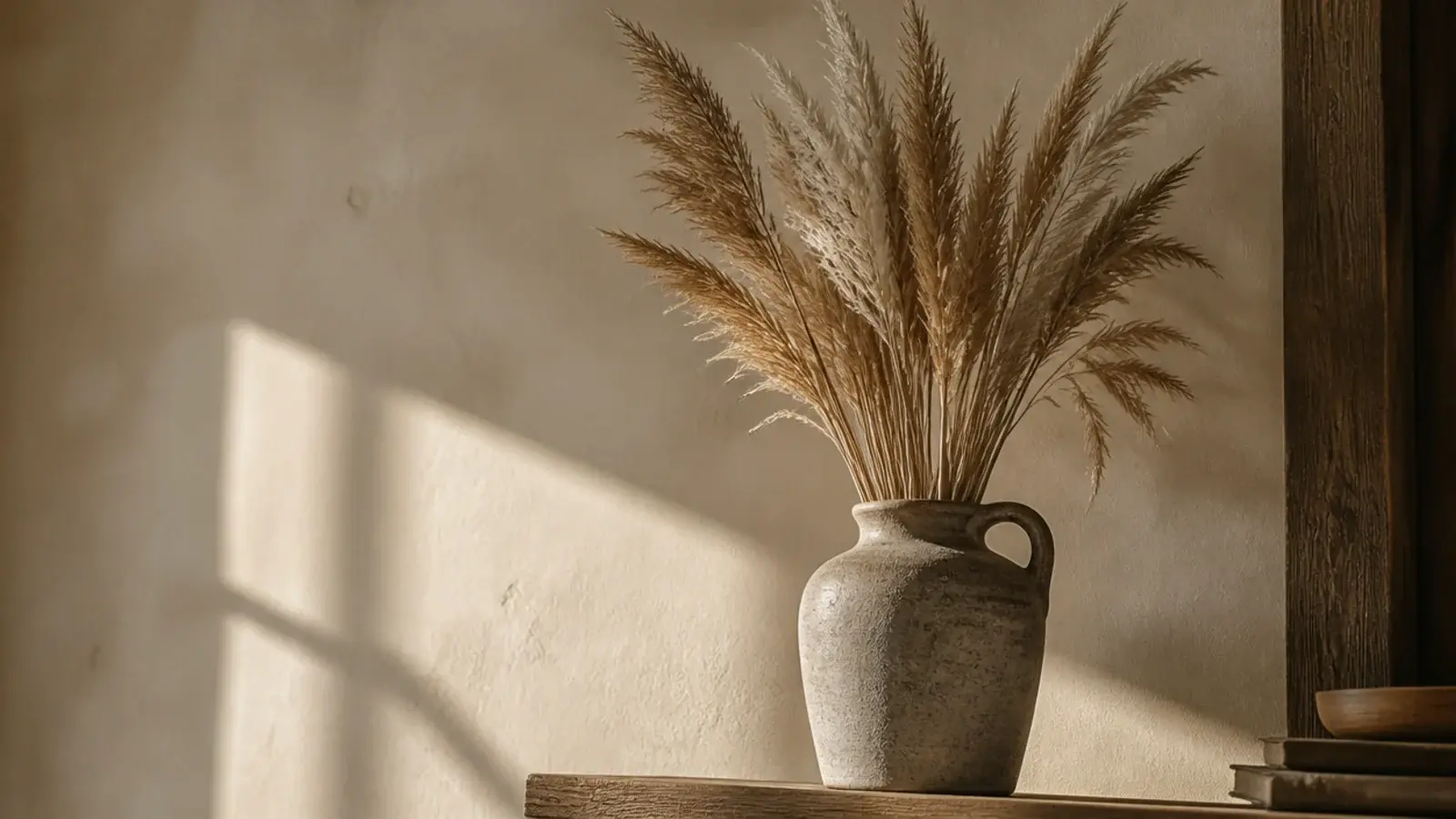 tall faux dried stems arranged in a heavy stoneware jug