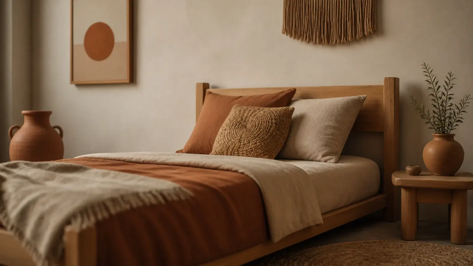terracotta and clay tones layered across bedding cushions and pots