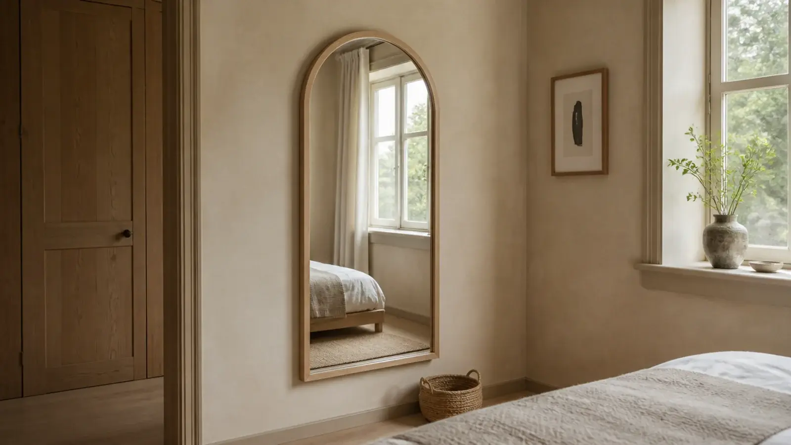 arched timber framed mirror screwed flat to a plaster bedroom wall