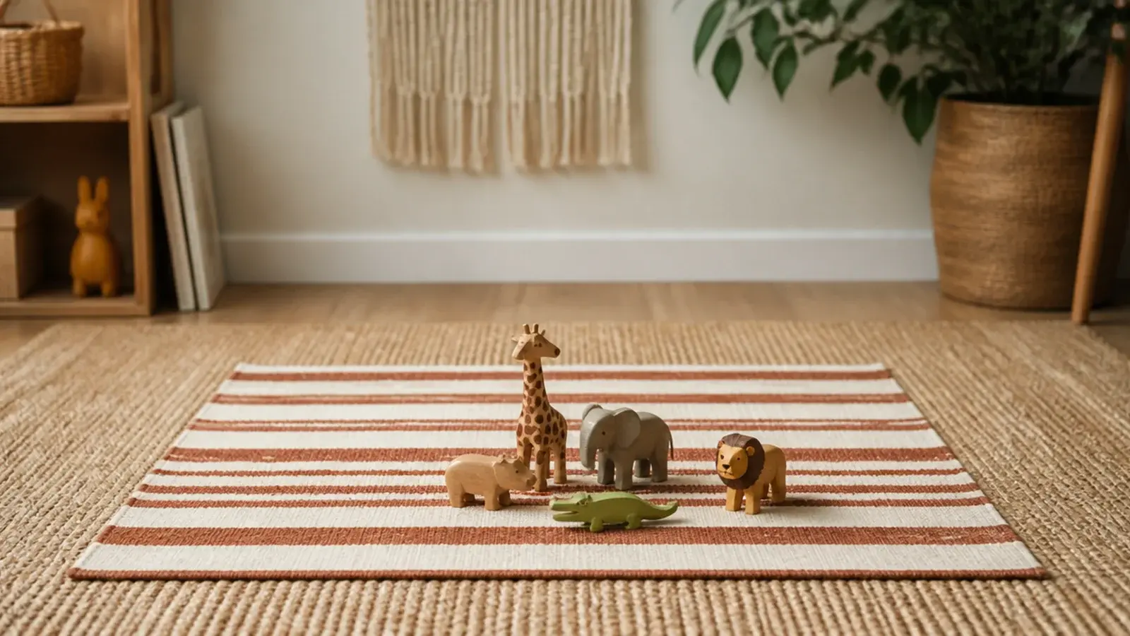 soft striped cotton rug layered on top of a larger jute rug