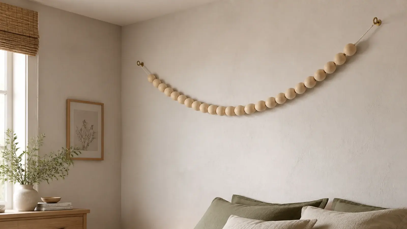large wooden bead garland draped high across a bedroom corner