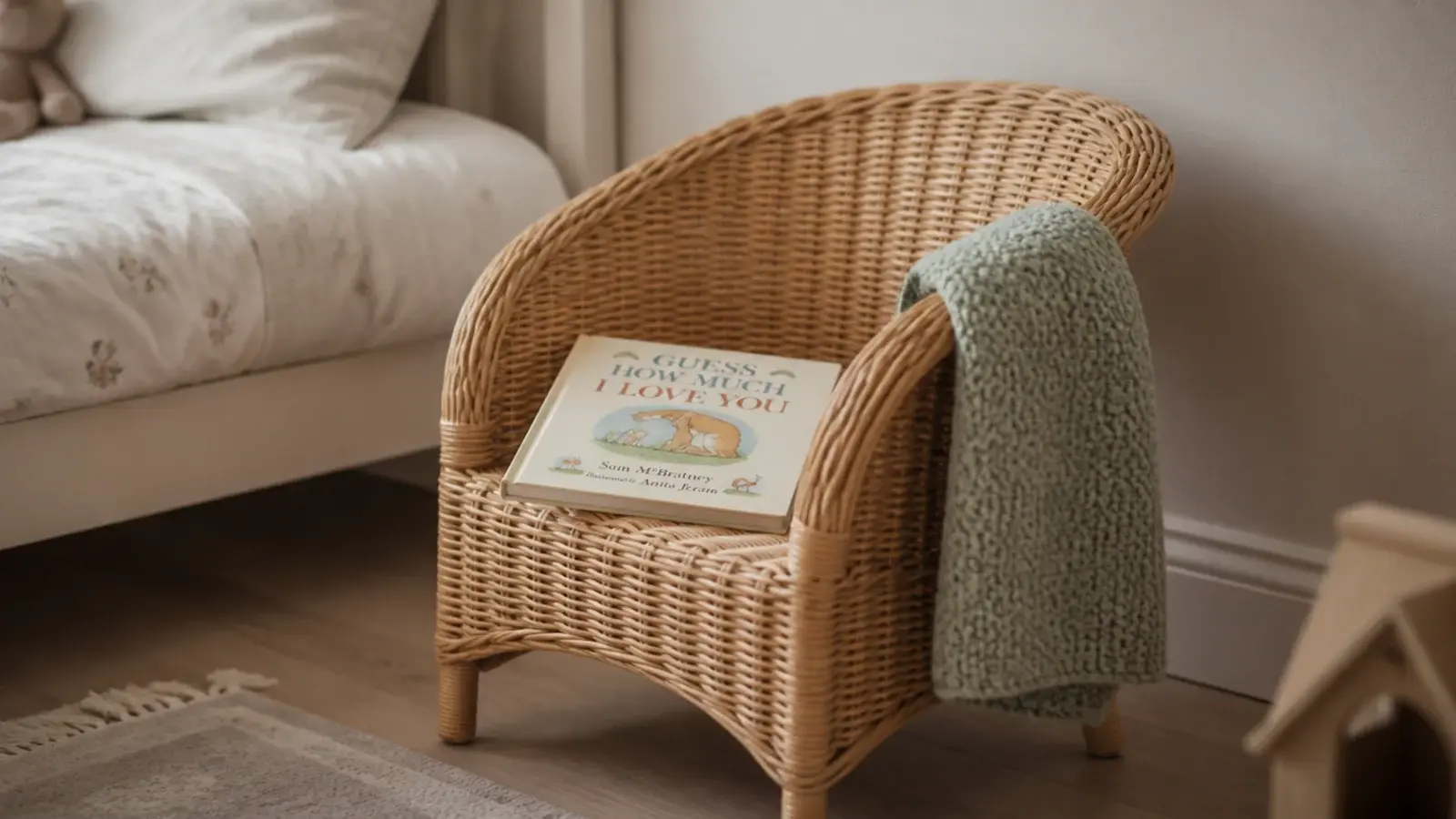 small rattan armchair sized for a child in a bedroom corner