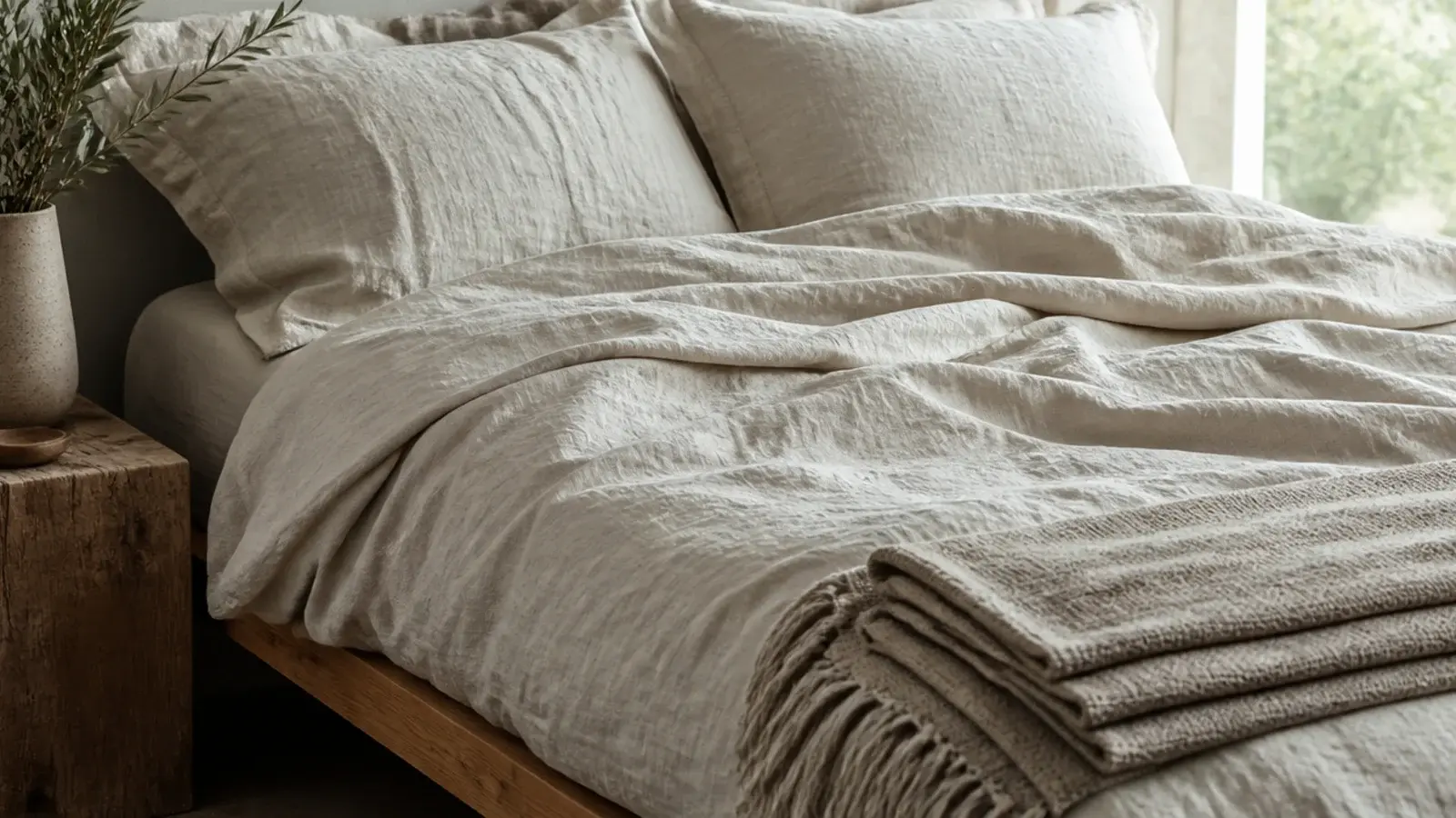 rumpled unbleached linen bedding on a low wooden bed frame