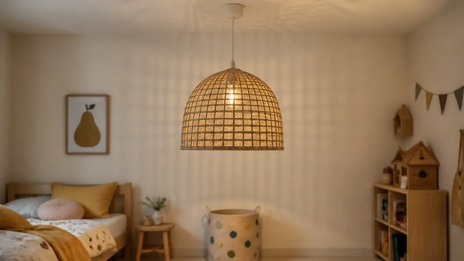 woven rattan pendant shade hanging above open bedroom floor