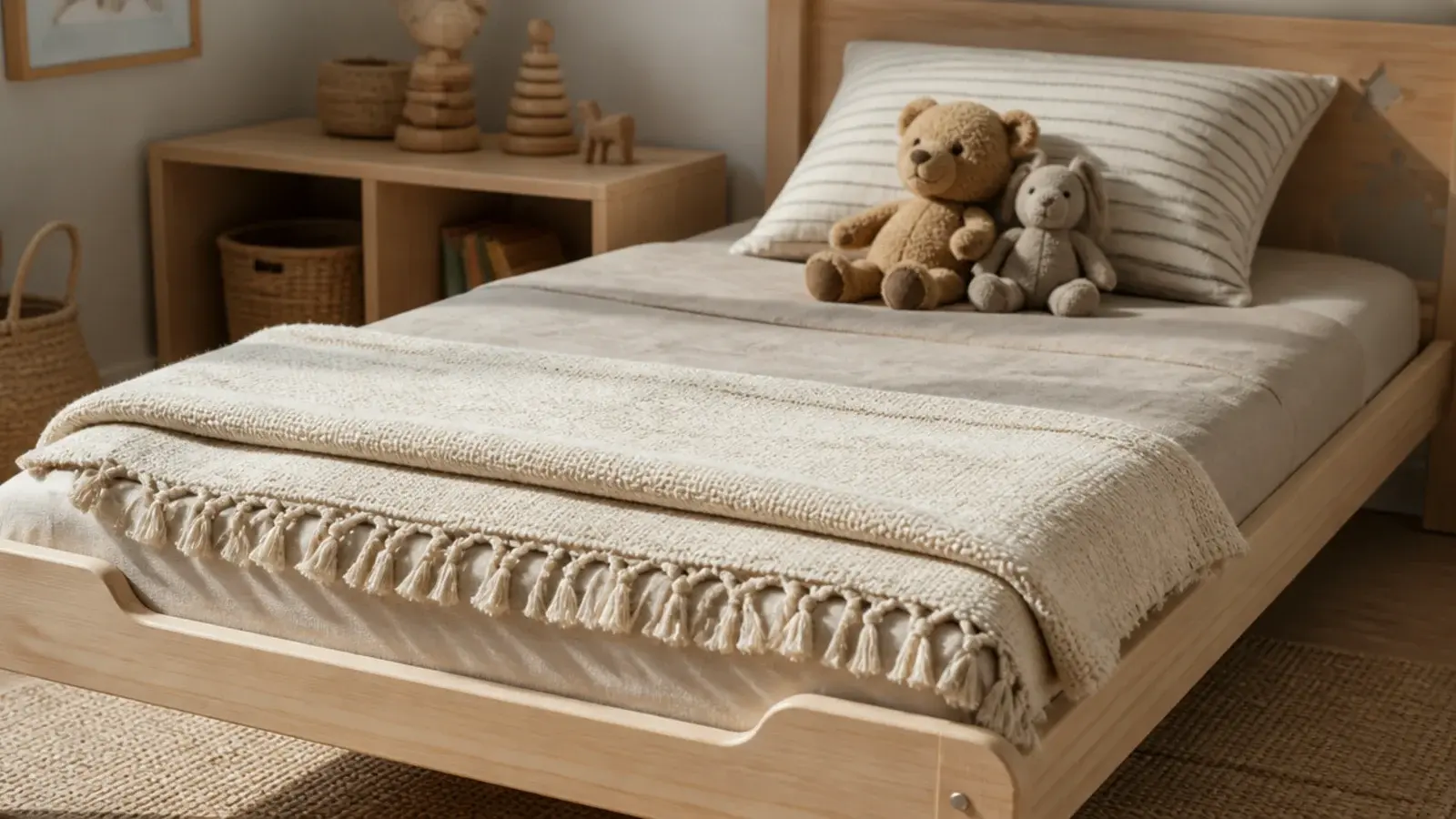 cotton throw with knotted tassels folded across the end of a bed